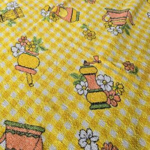 Vintage Terry Cloth Tablecloth 70s Kitchen Gold Yellow Check Flowers 51" X 74"